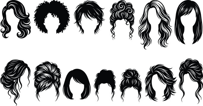 Women hairstyle silhouette collection featuring modern long short curly and elegant hair fashion designs isolated on white