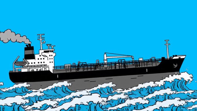 A flat 2D vector graphic of a commercial freight ship or container tanker sailing through blue ocean waves under a clear day sky. Ideal for maritime logistics, import-export business, and global freig