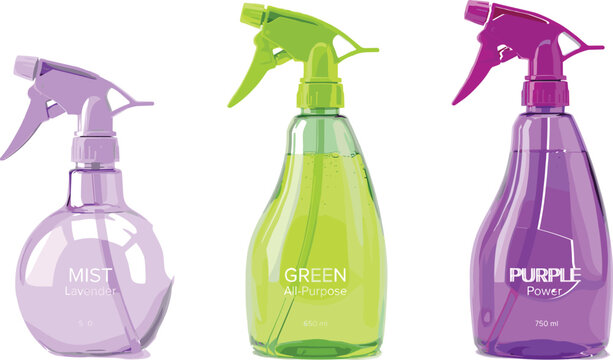Three Colorful Transparent Plastic Trigger Spray Bottles Set Isolated on White Background for Product Packaging Mockup
