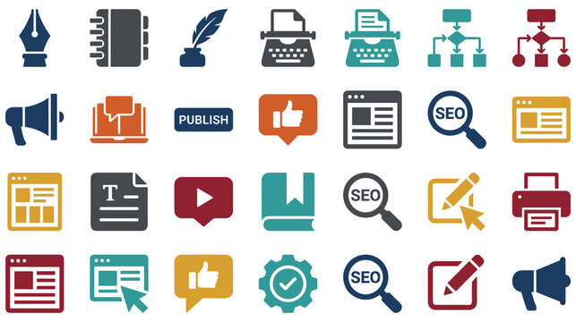Content creation and marketing icons for digital communication and business.