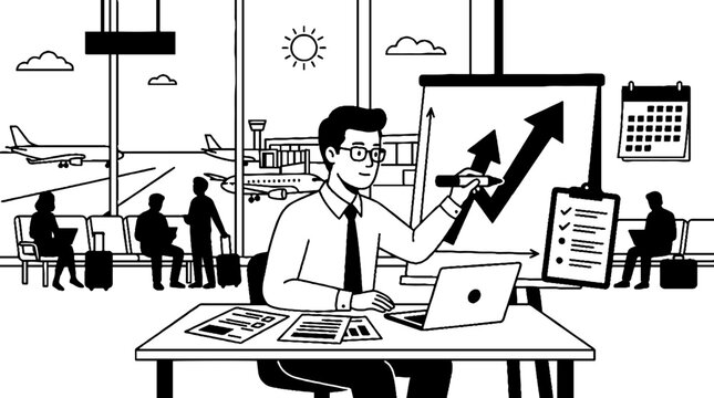 Businessman presenting growth chart in airport terminal area