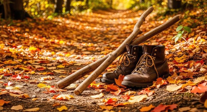 Bright orange leaves carpet a rugged woodland trail where wooden walking sticks and worn leather boots leave tracks through the fall forest, gear, woodland, discovery