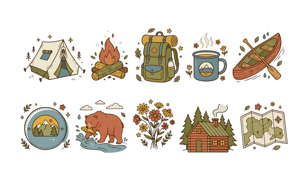 Vintage Outdoor Camping Clipart Set, Retro Hand Drawn Adventure
Illustration Collection with Tent, Campfire, Hiking Backpack, Enamel
Mug, Canoe, Mountain Badge, Bear, Wildflowers, Log Cabin and Trail 