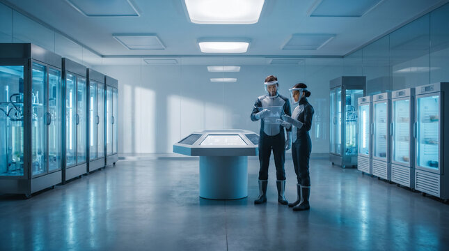 Wide shot of a lab-grown meat facility interior with rows of incubators glowing blue, two researchers in full protective suits reviewing dat 2