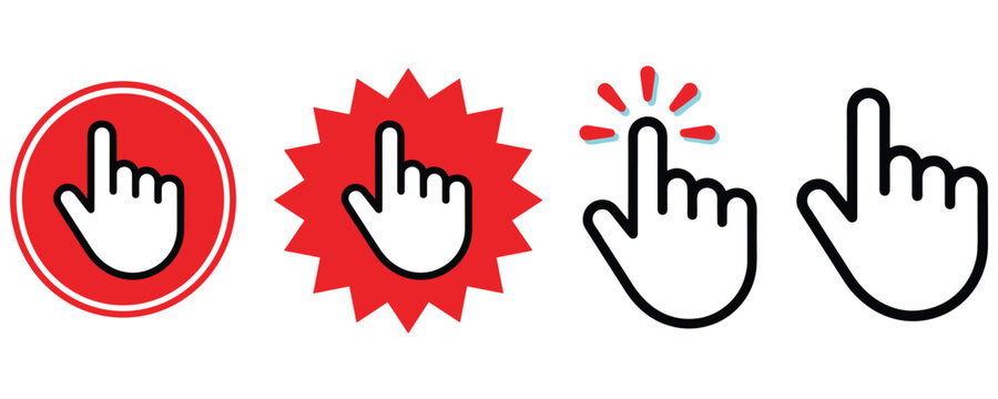 Computer mouse clicker icons with hand cursor and pointer silhouettes.