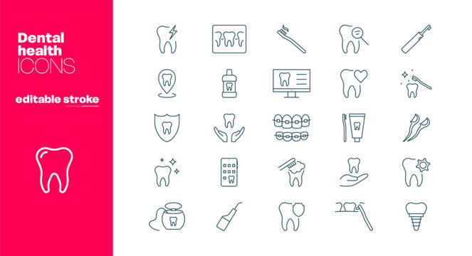 Dental health line icons. Vector set of teeth and dentistry icons, editable strokes