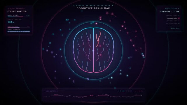 Cognitive brain map interface displaying neural activity and eeg waveform data.
