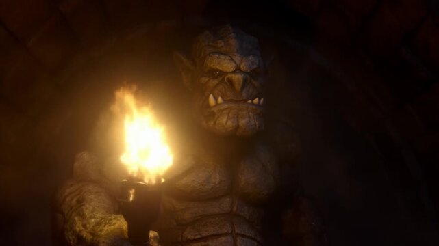 Tracking shot of stone ogre holding torch emerging from underground brick tunnel with flickering flame and drifting smoke