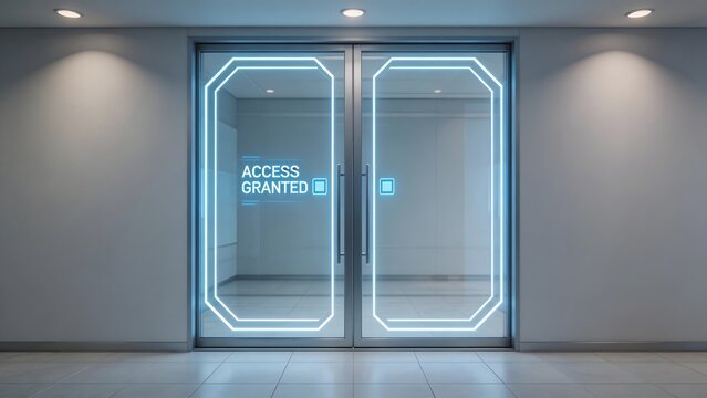 Modern glass doors with access granted sign