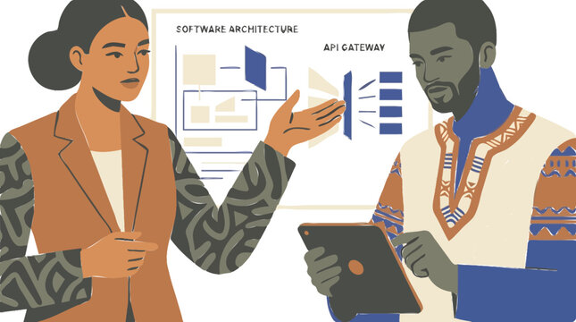 Diverse professionals collaborating on a software architecture diagram, discussing API gateway implementation and system design with a modern illustration style