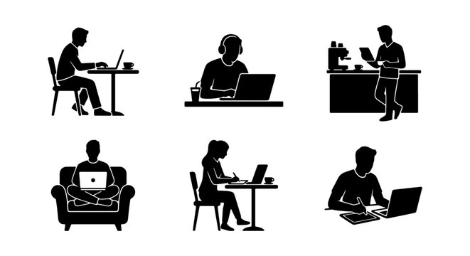 Diverse People Working Remotely, Freelance Lifestyles, Digital Nomads, Remote Work Icons