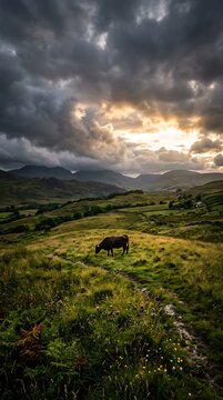 Dramatic Sunset Over Lush Green Hills with Grazing Cow.