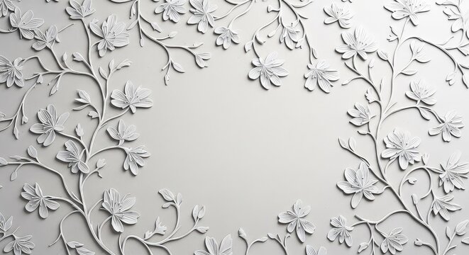 Elegant white embossed floral pattern featuring slender winding branches and fine petals over a soft neutral minimalist background texture, wallpaper, neutral, light