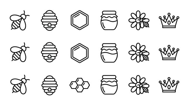 Cute Bee Icons Set: Honeycomb, Flower, Crown, Jar - Line Art Collection