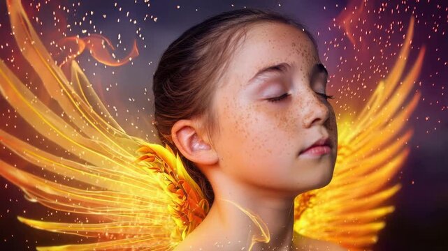 Ethereal portrait of a young girl with freckled skin keeps eyes closed, imagining as radiating superpower while majestic wings made of vibrant, swirling flames and sparks emerge from her back