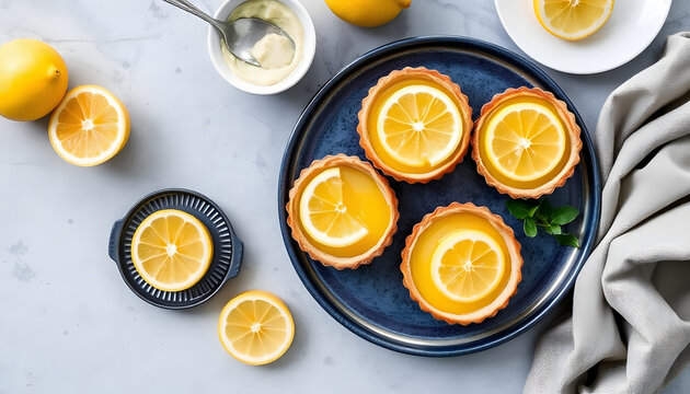 Overhead view of meyer lemon tarts served on plate, collage style. White tone