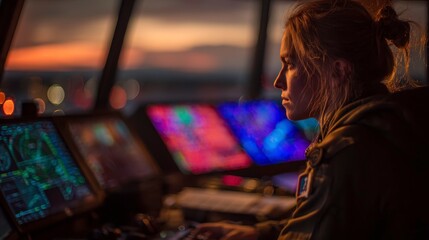 Fototapeta premium Female Operator in Control Room with High-Tech Monitors at Sunset