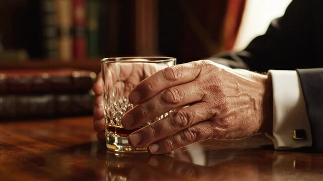 An elegant man in a suit carefully picks up a crystal rocks glass with whiskey in a dimly lit setting.
