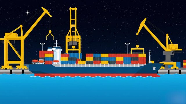 A flat 2D vector animation of yellow harbor gantry cranes lifting and stacking colorful freight containers onto a cargo ship at a seaport terminal under a dark starry night sky. Great for maritime com