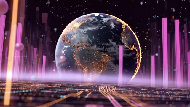 View of Earth with data graphics and light effects showing global information in a digital format