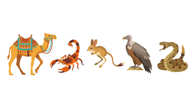 vector flat desert animals set camel scorpion kangaroo eagle and rattlesnake