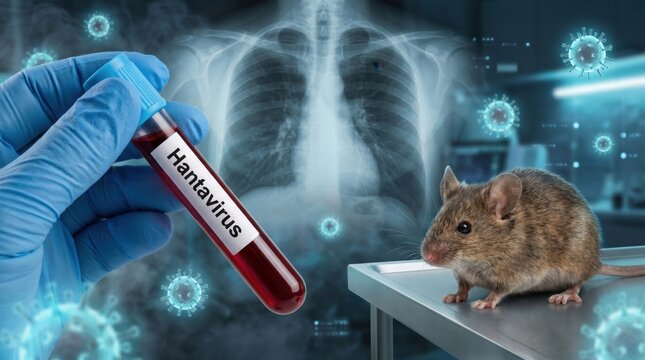 Hantavirus infection concept with infected mouse, blood test tube and lung X ray, zoonotic disease transmission, rodent borne virus, pulmonary syndrome, medical research background