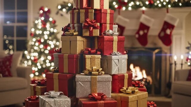 Festive Christmas scene with a stacked tower of wrapped presents, decorated tree, and fireplace with stockings