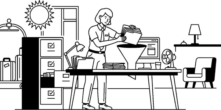 Office worker processing documents through a large funnel