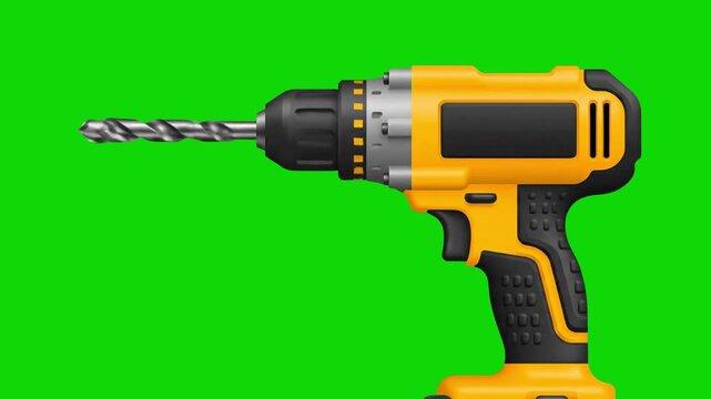 A 3D animated industrial power drill rotating on a solid green screen background. This asset is perfect for construction-themed tutorials, repair service ads, or DIY video projects.