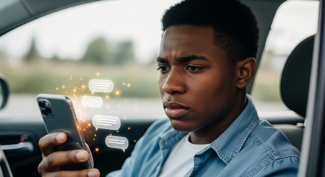 Young man driving and looking at his smartphone, distracted by notifications, posing a danger on the road