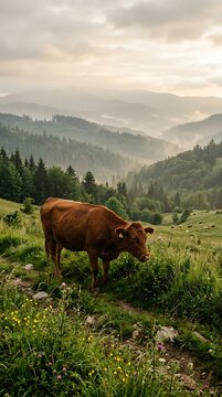 Brown Cow Grazing in Lush Green Mountain Pasture at Sunset.