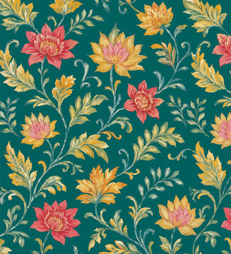 Exquisite vintage damask seamless floral pattern inspired by classic William Morris and Art Nouveau style structures. Featuring detailed hand-drawn blossoms interwoven with rich acanthus-style leaves 