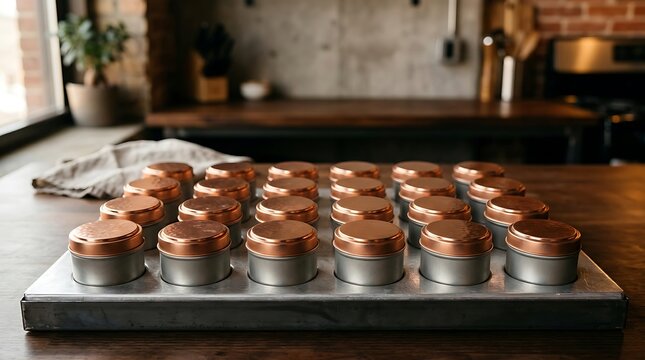 Metal Storage Tins with Copper Lids on Kitchen Tray