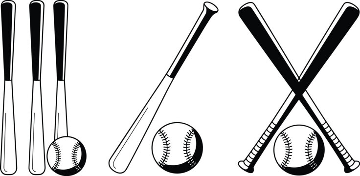 Professional black and white baseball bat and ball icons featuring flat graphic lighting for competitive league branding.