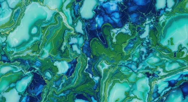 Flowing waves of turquoise and emerald green blend with deep sapphire blue in this complex abstract pattern of elegant marble swirls, swirls, ocean, liquid