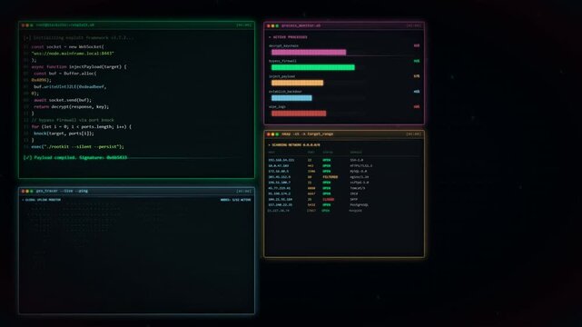 Cyber security concept with hacker terminal windows showing system breach and code.