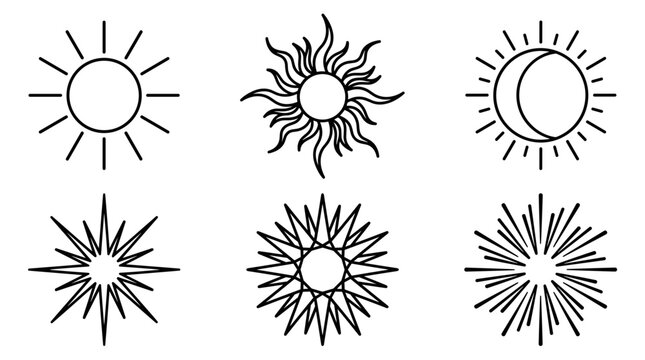 vector outline doodle sun collection with various sunburst rays and moon crescent styles
