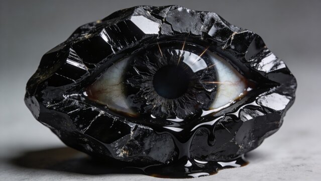 Dark surreal macro view of a human eye melting into sharp black obsidian glass crystal shards. Psychological tension art.