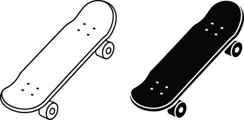 Professional skateboard vector icons in solid and outline styles capture urban energy with clean light on a white background. © Vector Expert