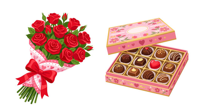 vector flat red roses bouquet with ribbon and chocolate candy box valentine gift