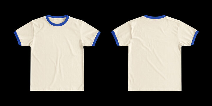 Beige ringer t-shirt with blue trim isolated on black background
