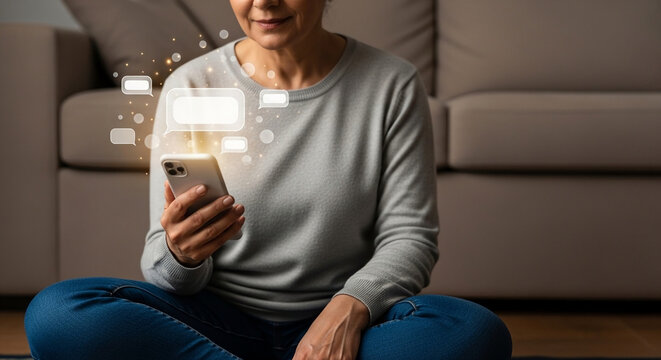 Mature woman using a smartphone with abstract holographic icons, representing digital communication and online interaction on a mobile device