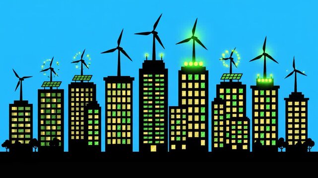 A 2D animated cityscape featuring modern buildings with wind turbines and solar panels on rooftops. Ideal for projects related to sustainability, renewable energy, and urban ecology.