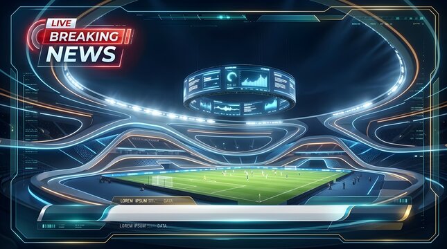 Futuristic football news studio with live broadcast interface and digital stadium