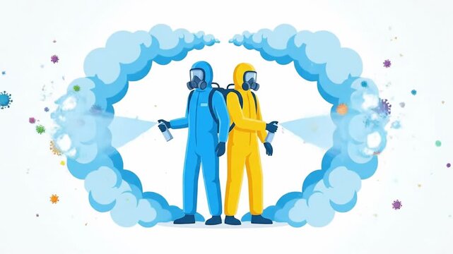 Animated hazmat workers in blue and yellow suits spray disinfectant foam on white background with virus particles, surrounded by andes orthohantavirus particles. hantavirus prevention concept 