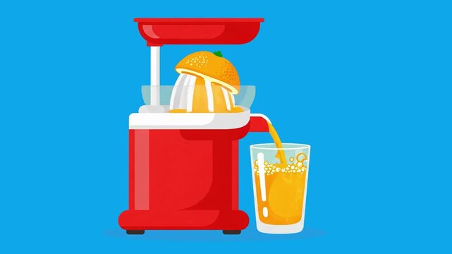 A flat vector 2D animation of a red electric citrus juicer squeezing a fresh orange half, pouring juice into a glass on a blue background. This cheerful kitchen appliance graphic is ideal for health b