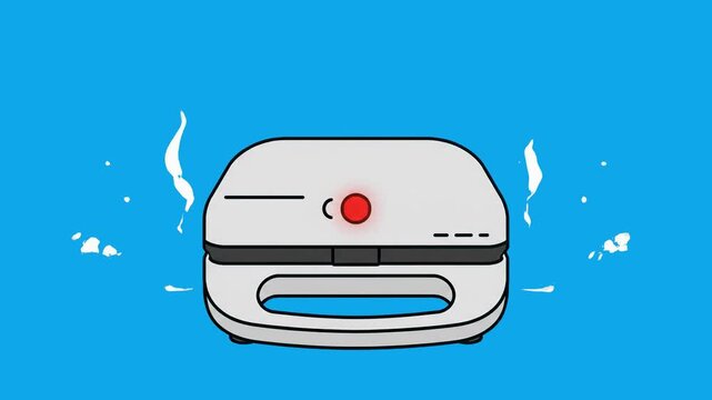 A flat vector 2D animation of a white electric sandwich maker or panini grill with rising steam lines against a solid blue background. This minimalist household appliance graphic is suited for kitchen