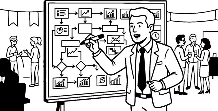Businessman explaining complex process flowchart on whiteboard