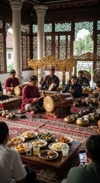Traditional Javanese Gamelan Musicians Performing at a Cultural Ceremony in Indonesia.