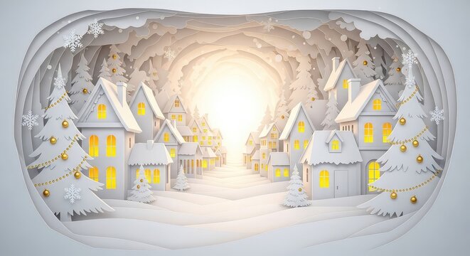 Intricate paper cut art depicting a snowy village street with layered white houses, glowing windows, festive trees, and golden ornaments, snowy, winter, golden